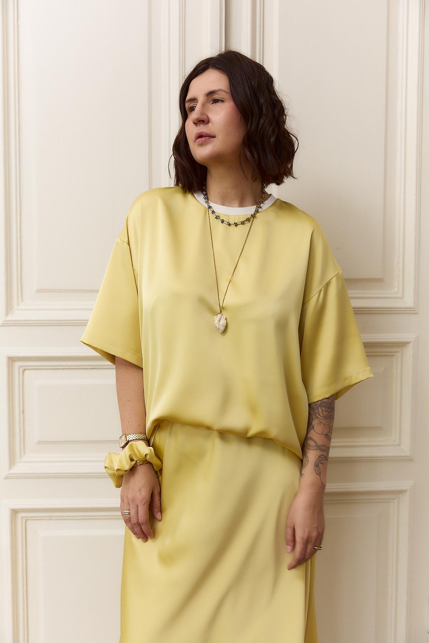 Oversized Yellow Silk Satin T-Shirt