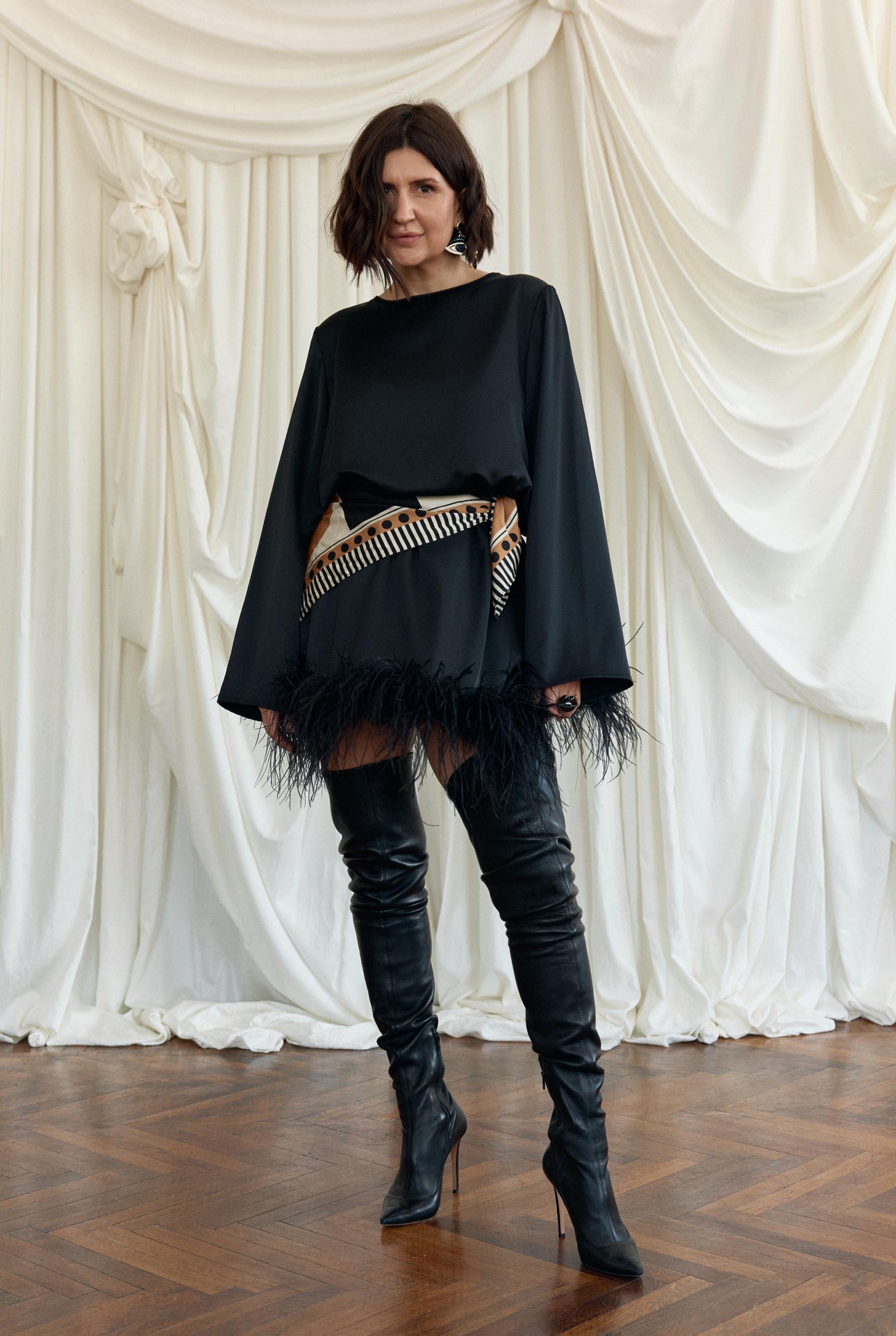 Black Silk Satin Dress “Polka” with Feathers