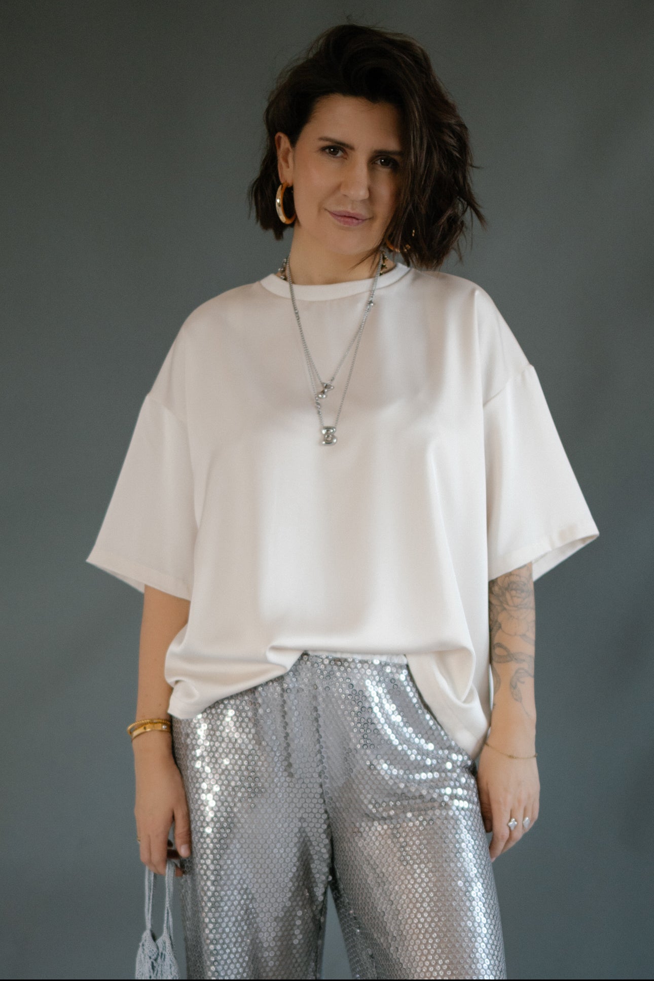 Oversized Ivory Silk Satin T-Shirt