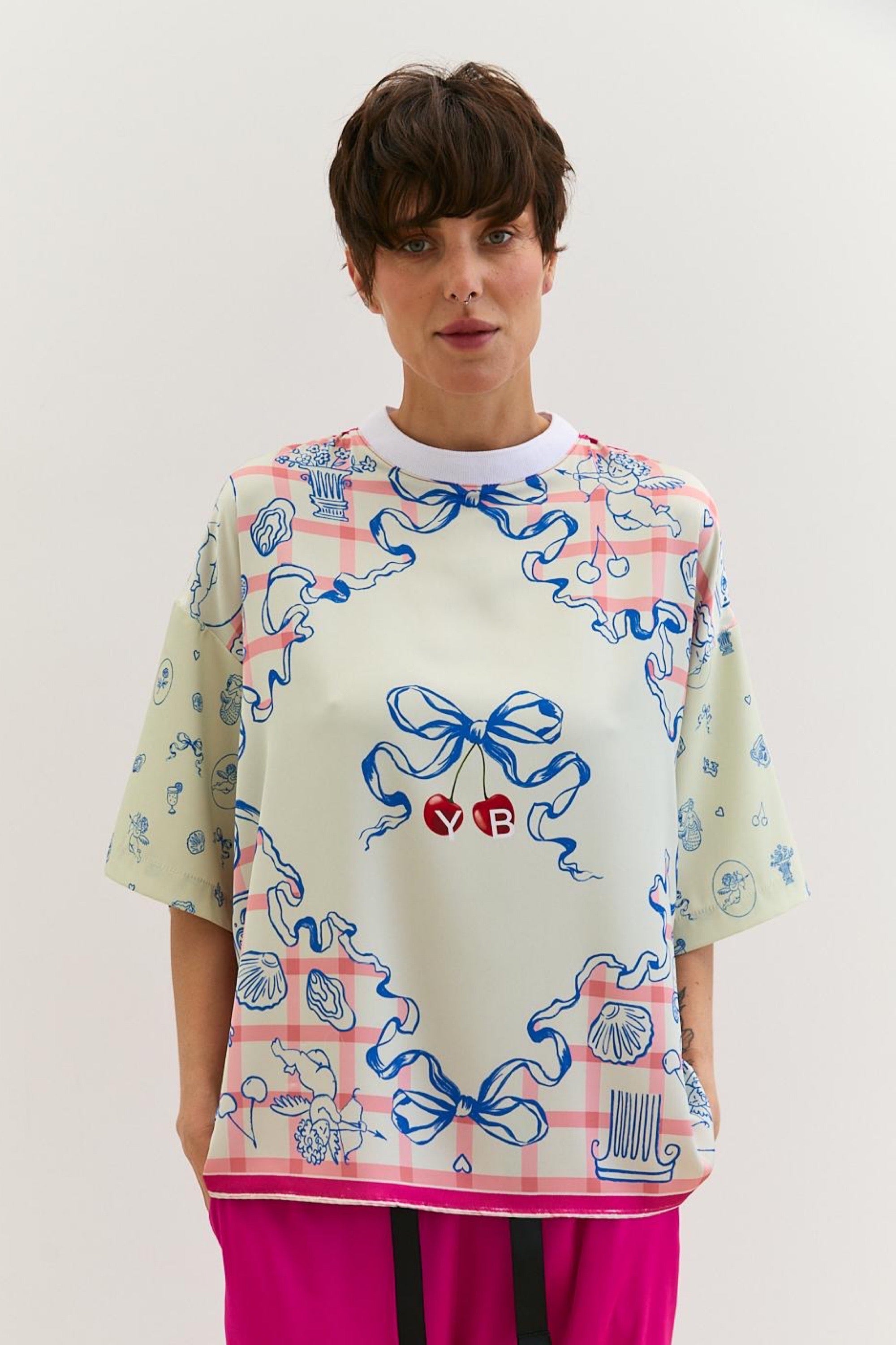 Silk T-shirt with bow and cherries print