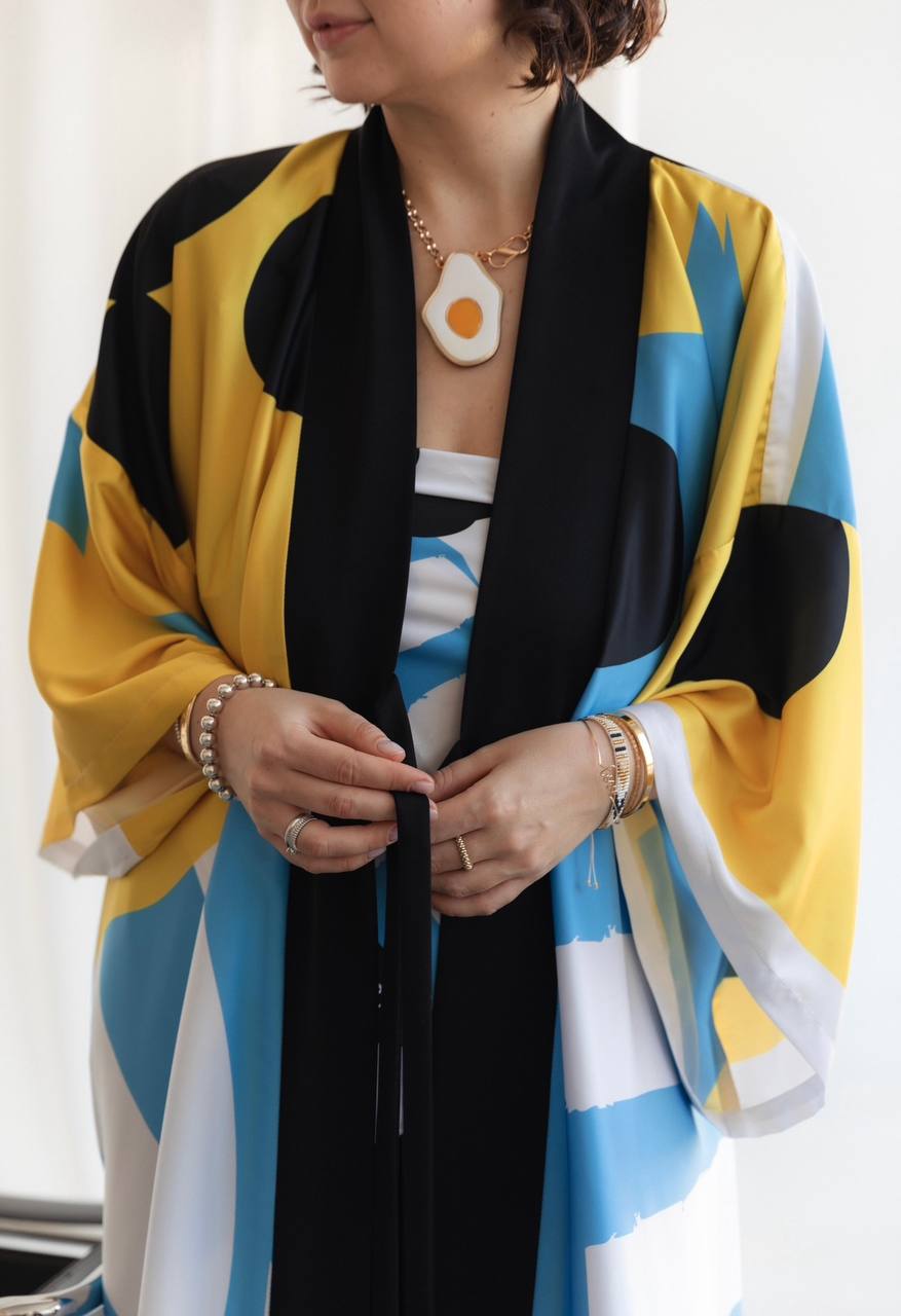 Printed silk kimono robe