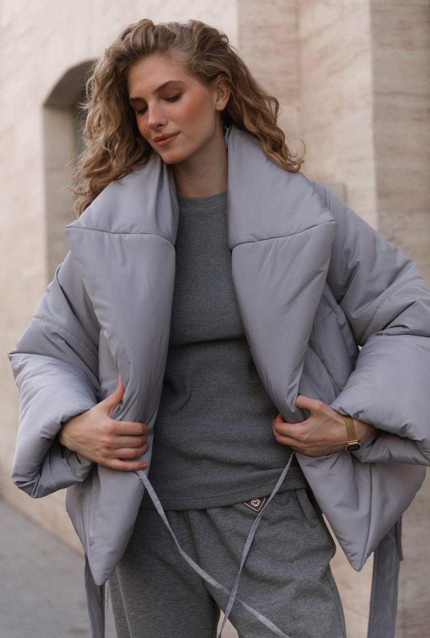 Gray winter Kimono jacket with a separate waist belt.