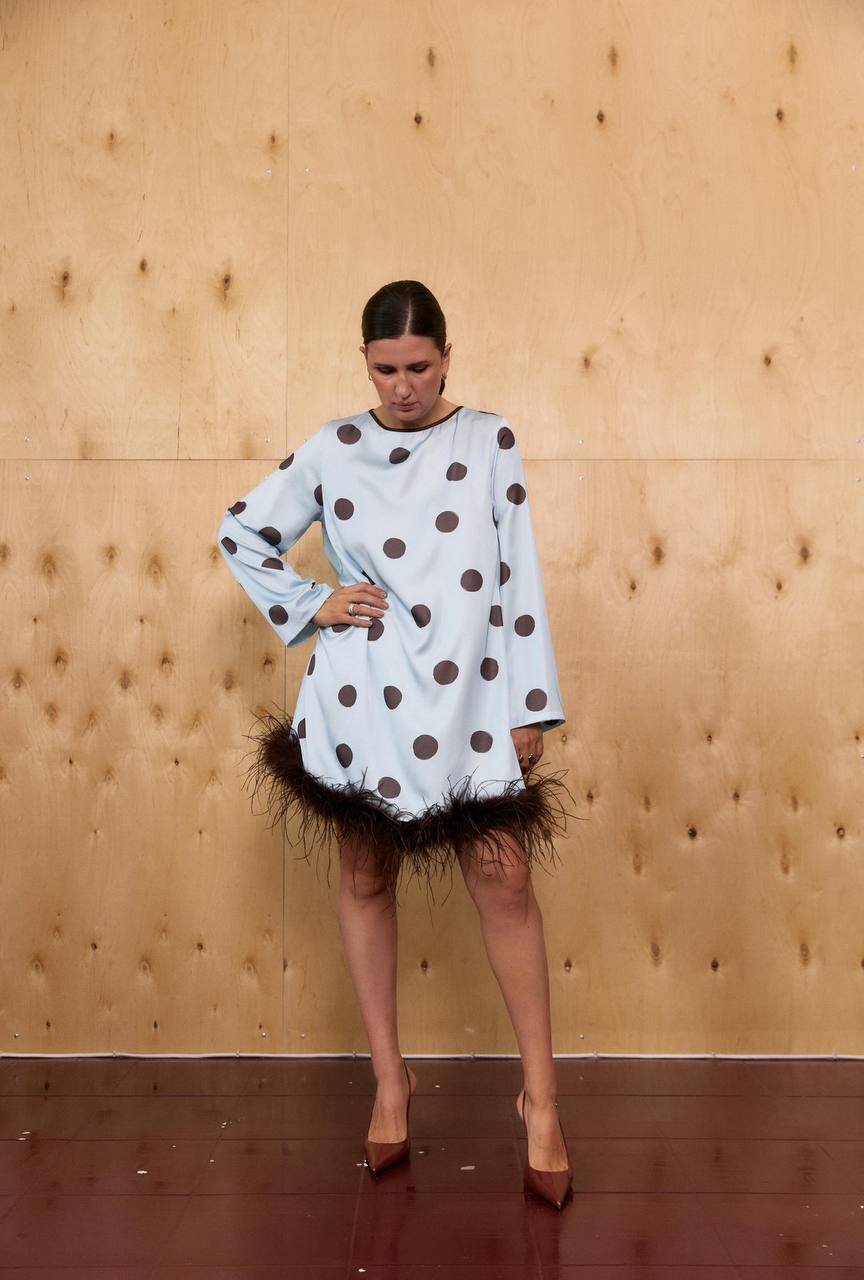 Silk Satin Dress “Polka” with Feathers