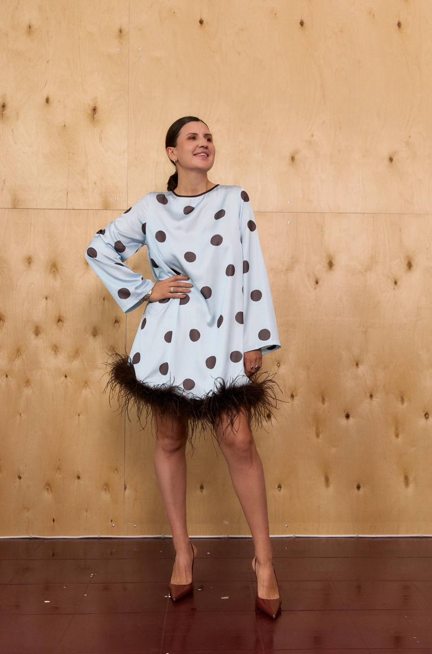 Silk Satin Dress “Polka” with Feathers