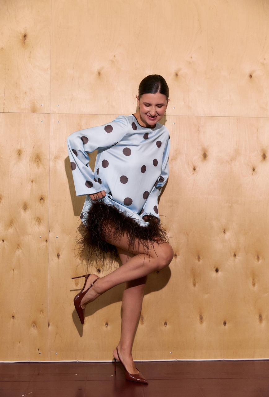 Silk Satin Dress “Polka” with Feathers