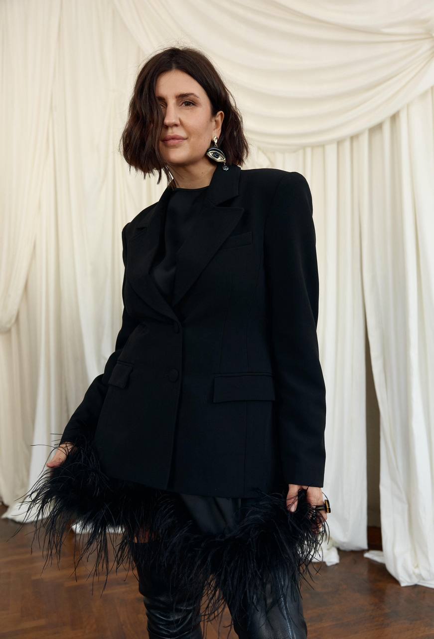 Black Silk Satin Dress “Polka” with Feathers