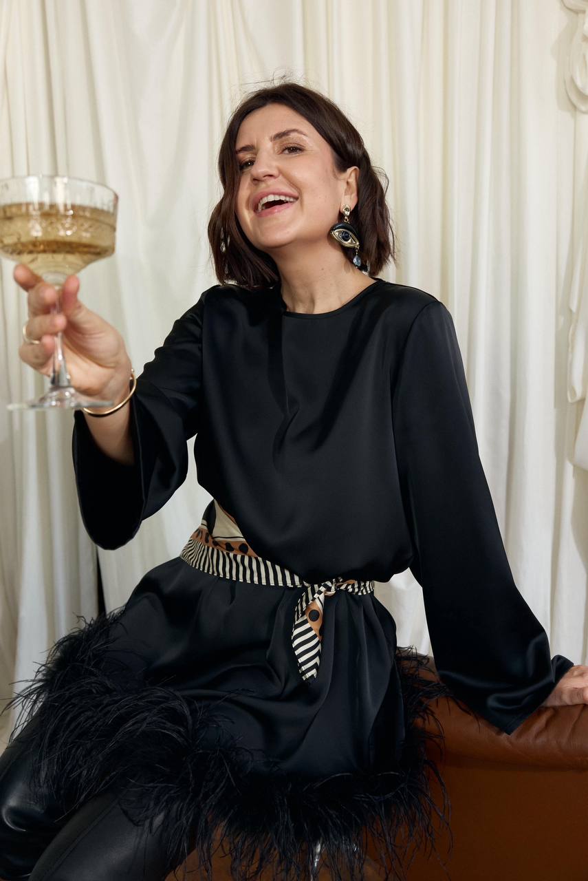 Black Silk Satin Dress “Polka” with Feathers