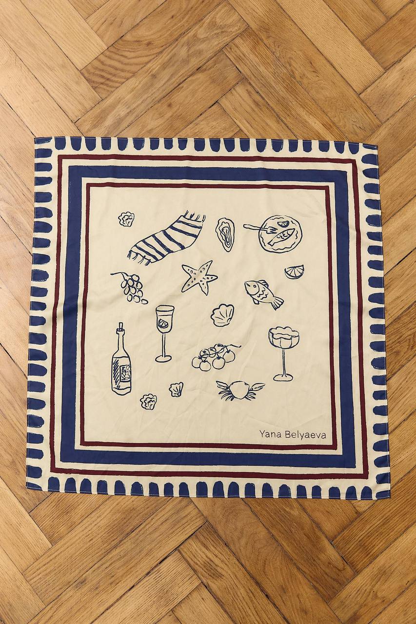 Scarf "Summer Sisters" 73 x 73 Edged with blue stripes
