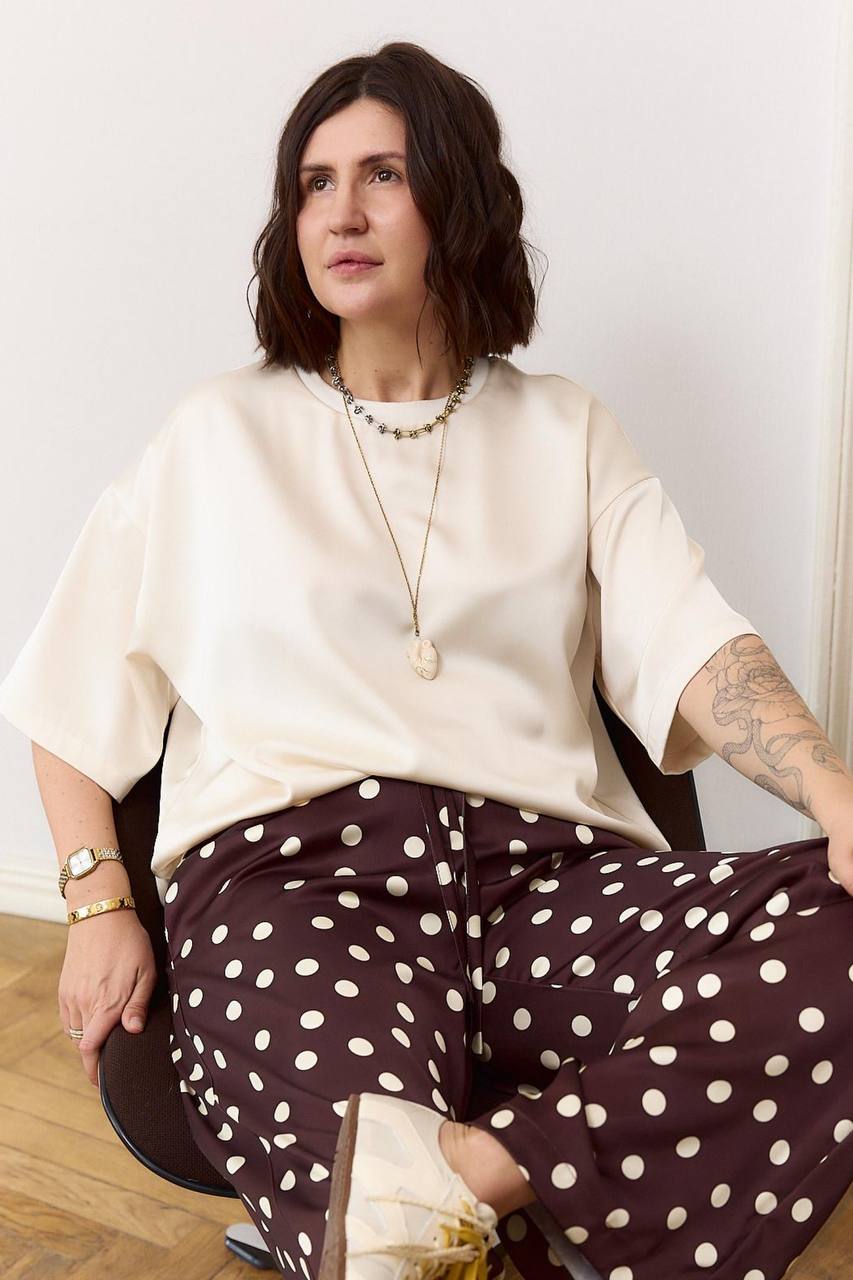 Oversized Ivory Silk Satin T-Shirt