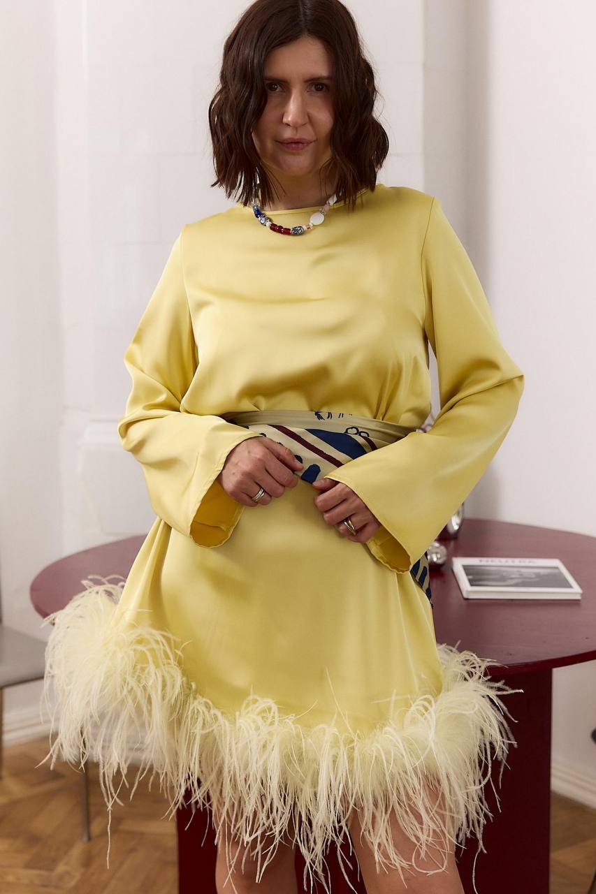 Yellow Silk Satin Dress “Polka” with Feathers