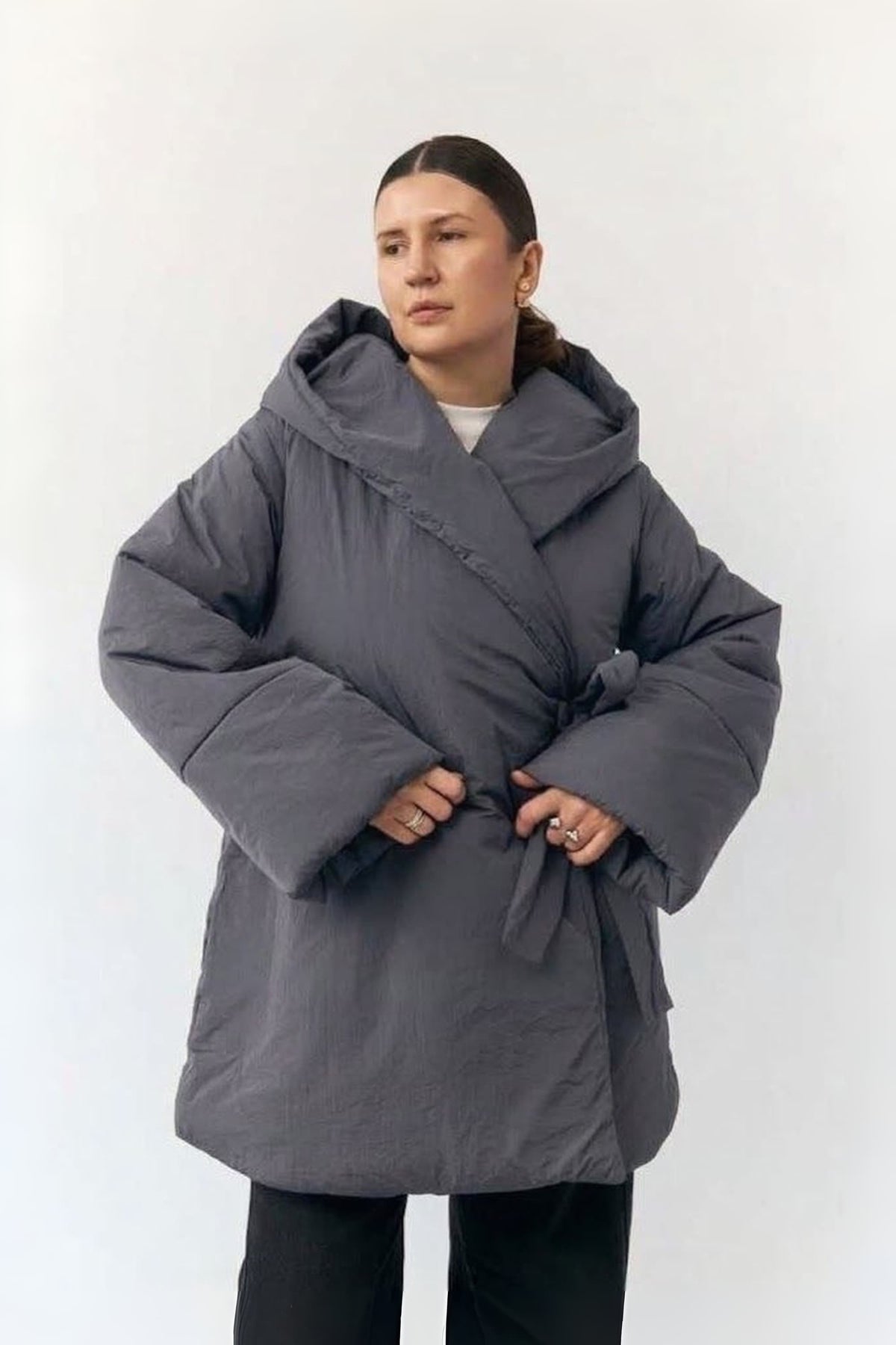 Wrap Jacket with Hood in Crash Raincoat Fabric (Autumn / Winter)