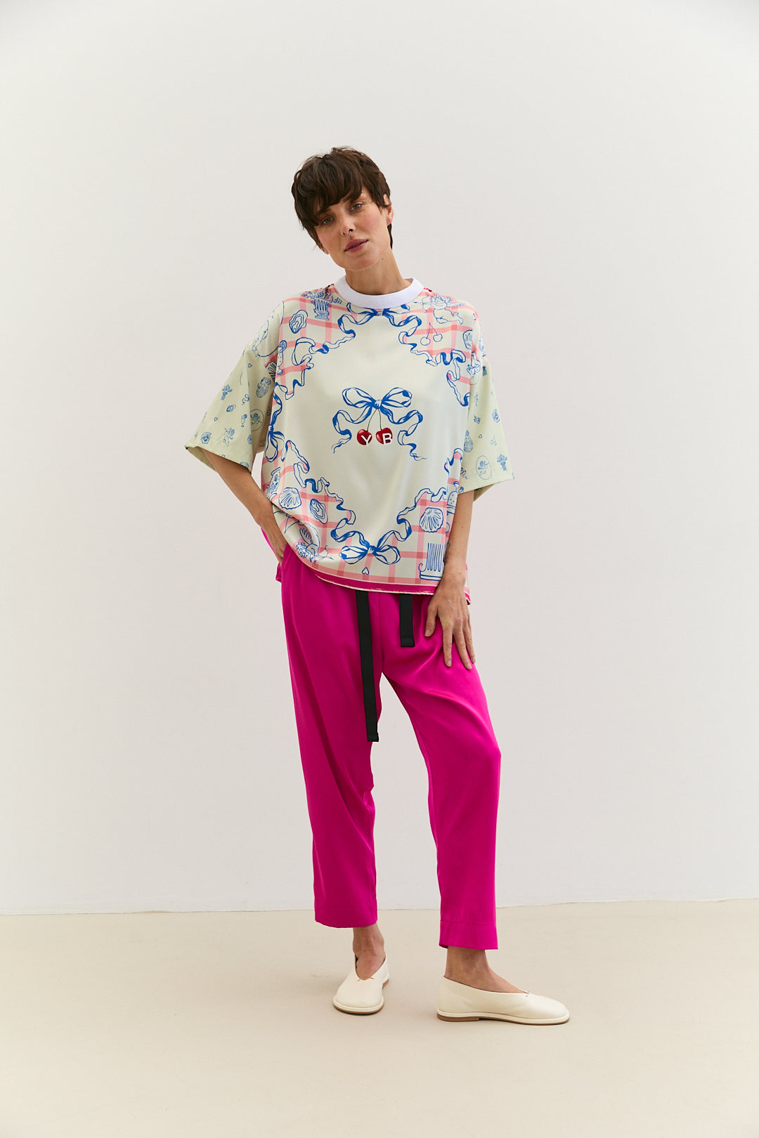 Silk T-shirt with  bow and cherries print