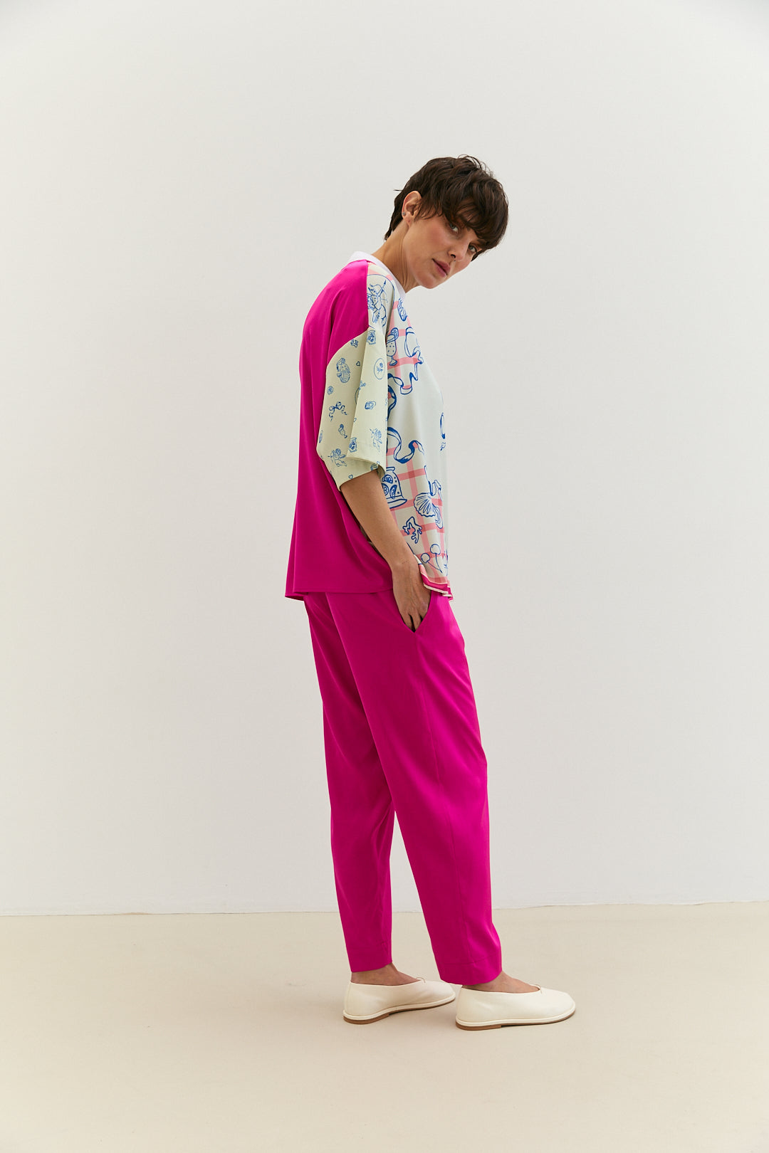 Pink silk elasticated trousers