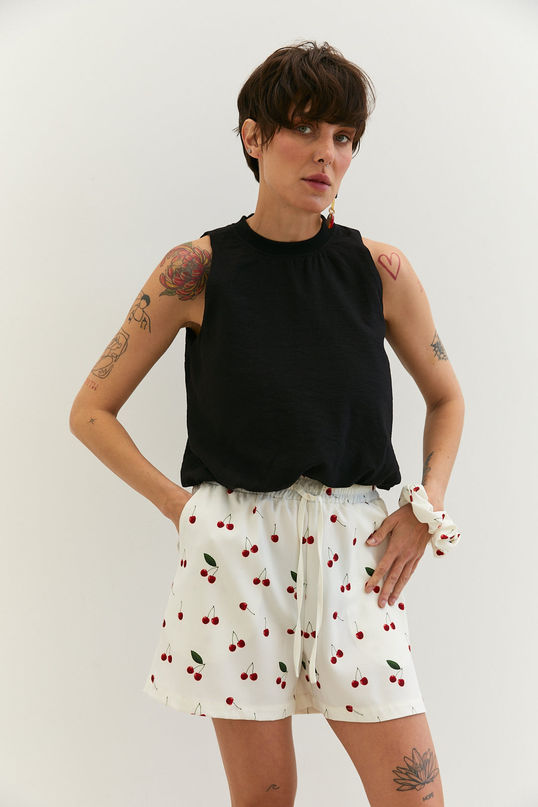 Elastic Waist Shorts with cherry print