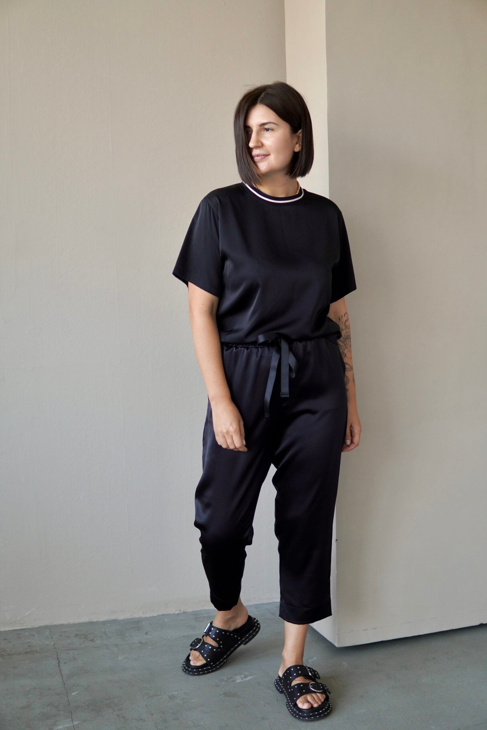 Black Silk Elasticated Trousers