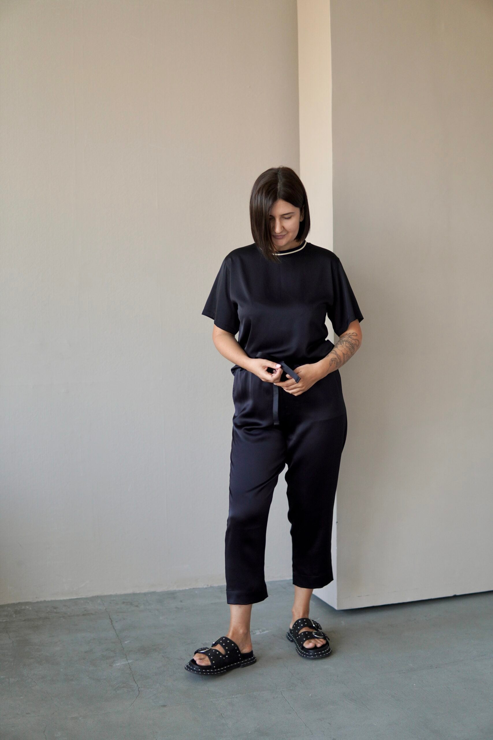 Black Silk Elasticated Trousers