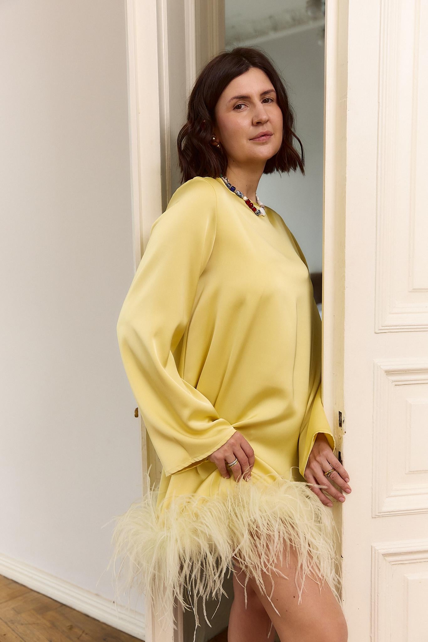 Yellow Silk Satin Dress “Polka” with Feathers