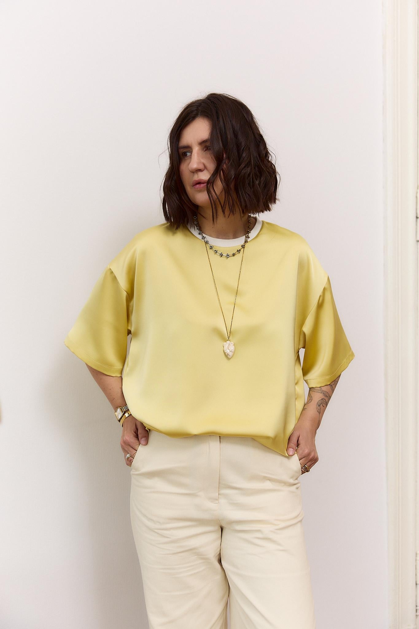 Oversized Yellow Silk Satin T-Shirt