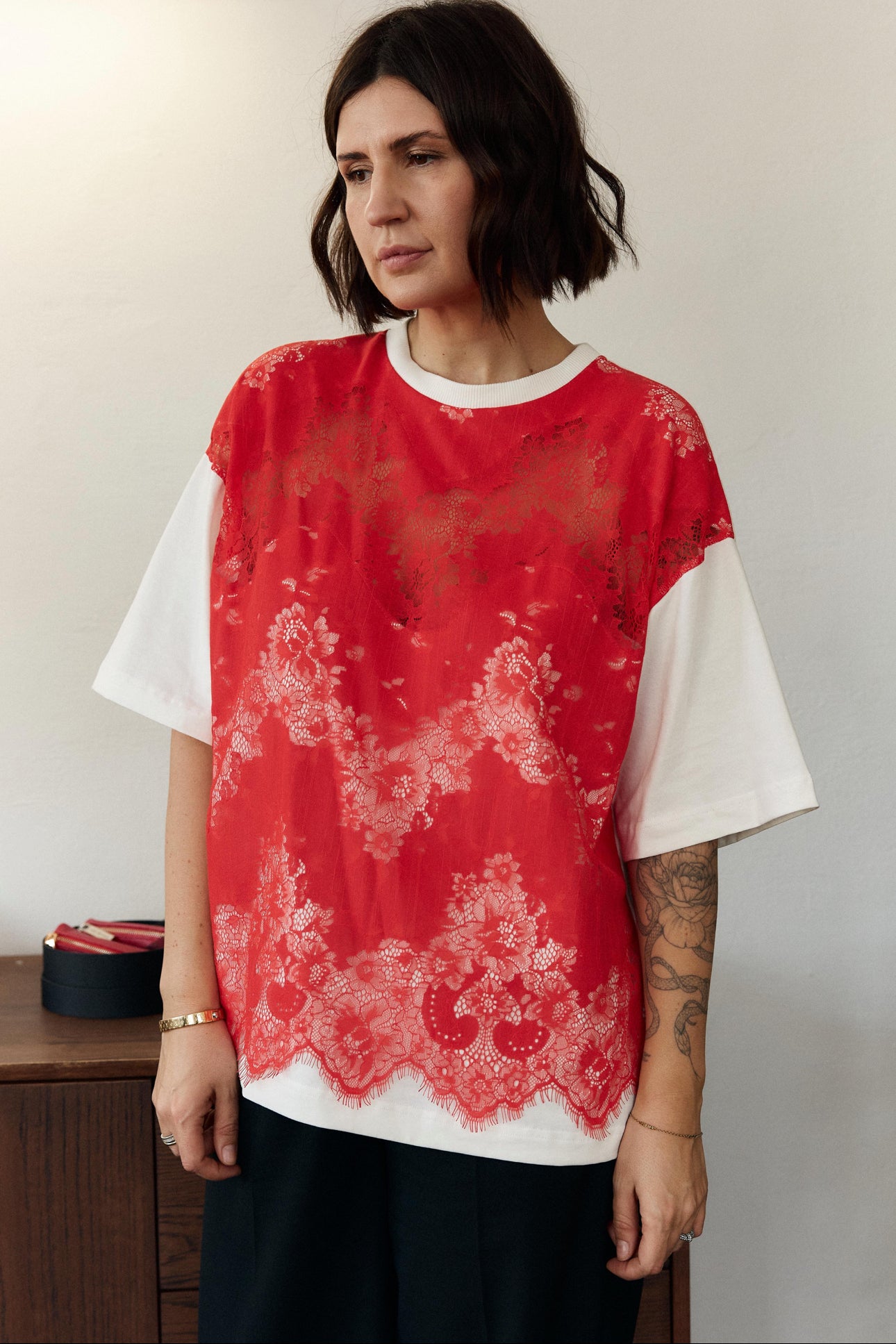 Milk-White T-Shirt with Red Lace Trim
