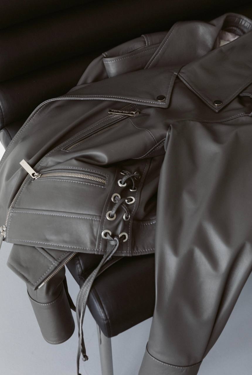 gray leather biker jacket