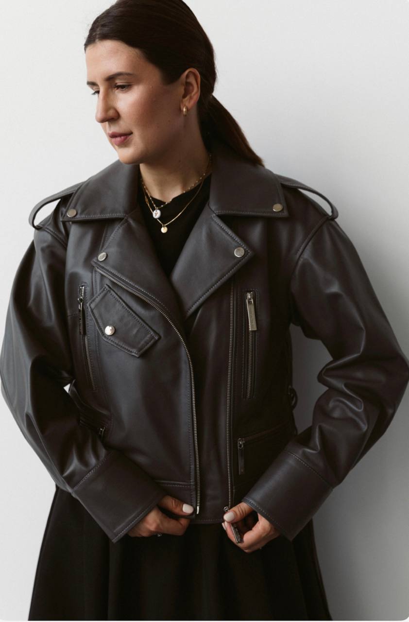 gray leather biker jacket