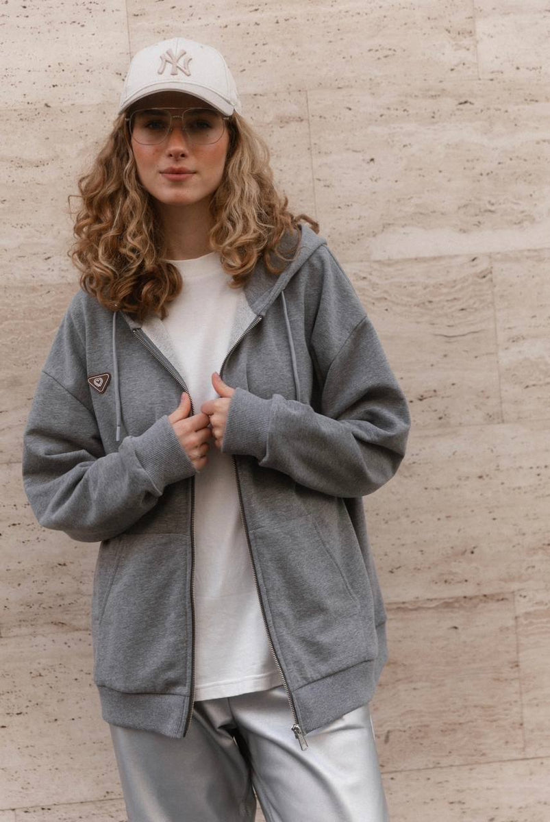 Oversized zip hoodie made of gray melange knit