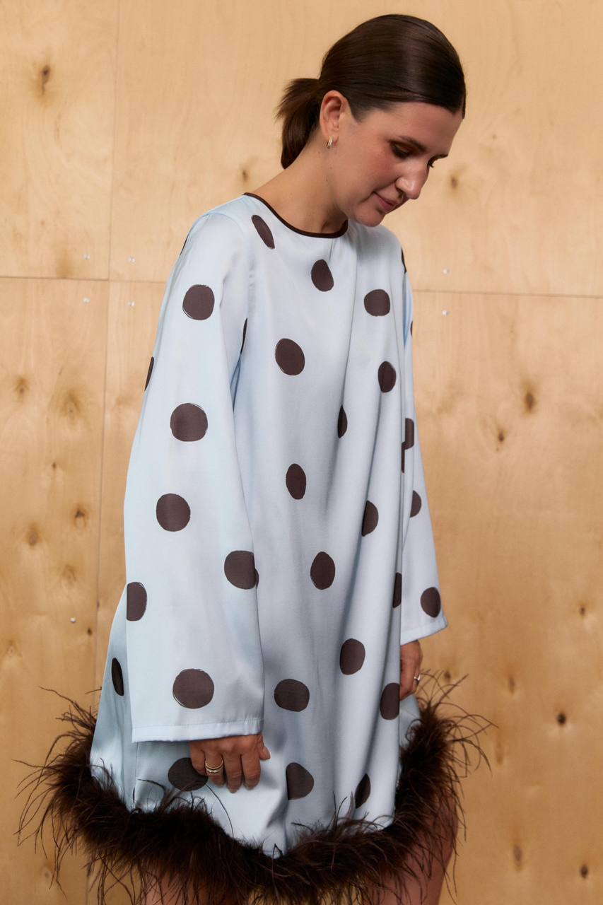 Silk Satin Dress “Polka” with Feathers