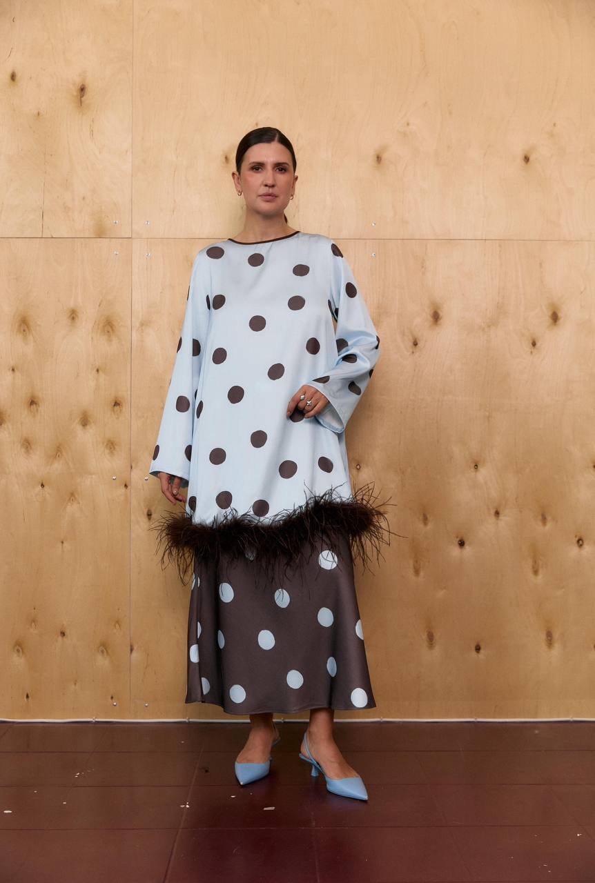 Silk Satin Dress “Polka” with Feathers
