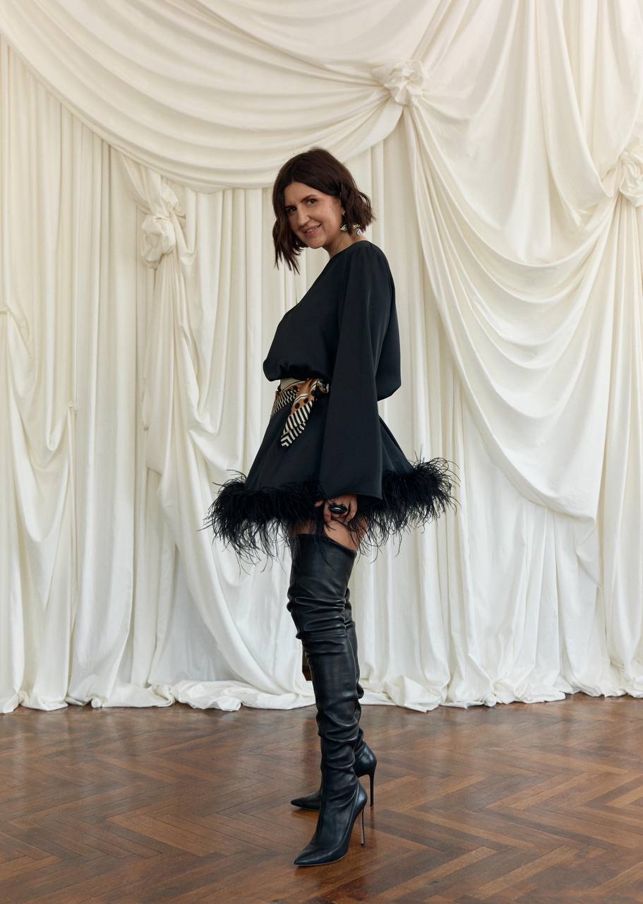 Black Silk Satin Dress “Polka” with Feathers