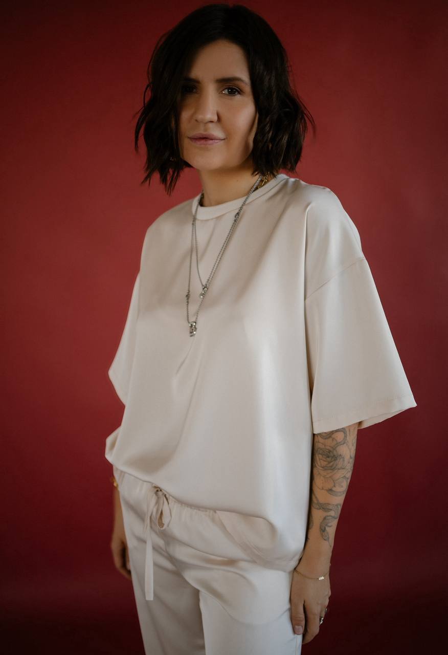 Oversized Ivory Silk Satin T-Shirt