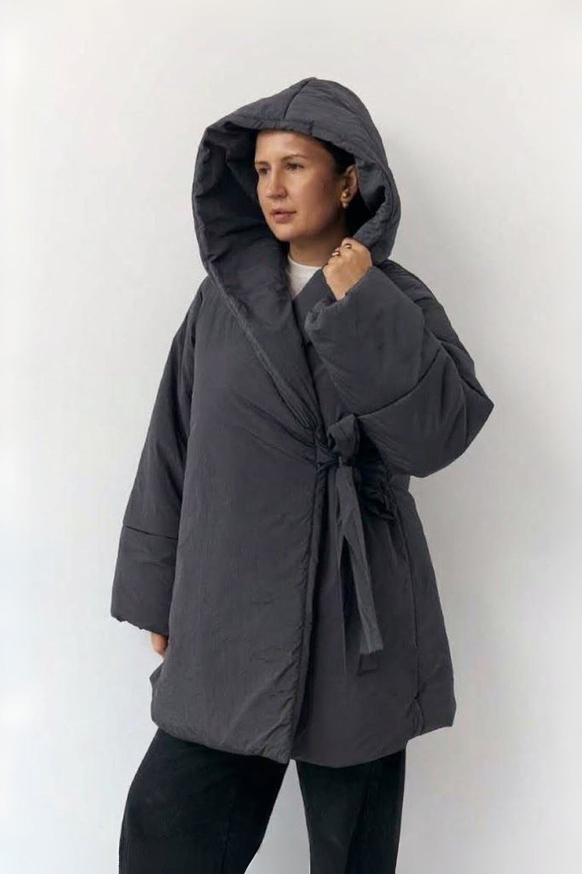 Wrap Jacket with Hood in Crash Raincoat Fabric (Autumn / Winter)