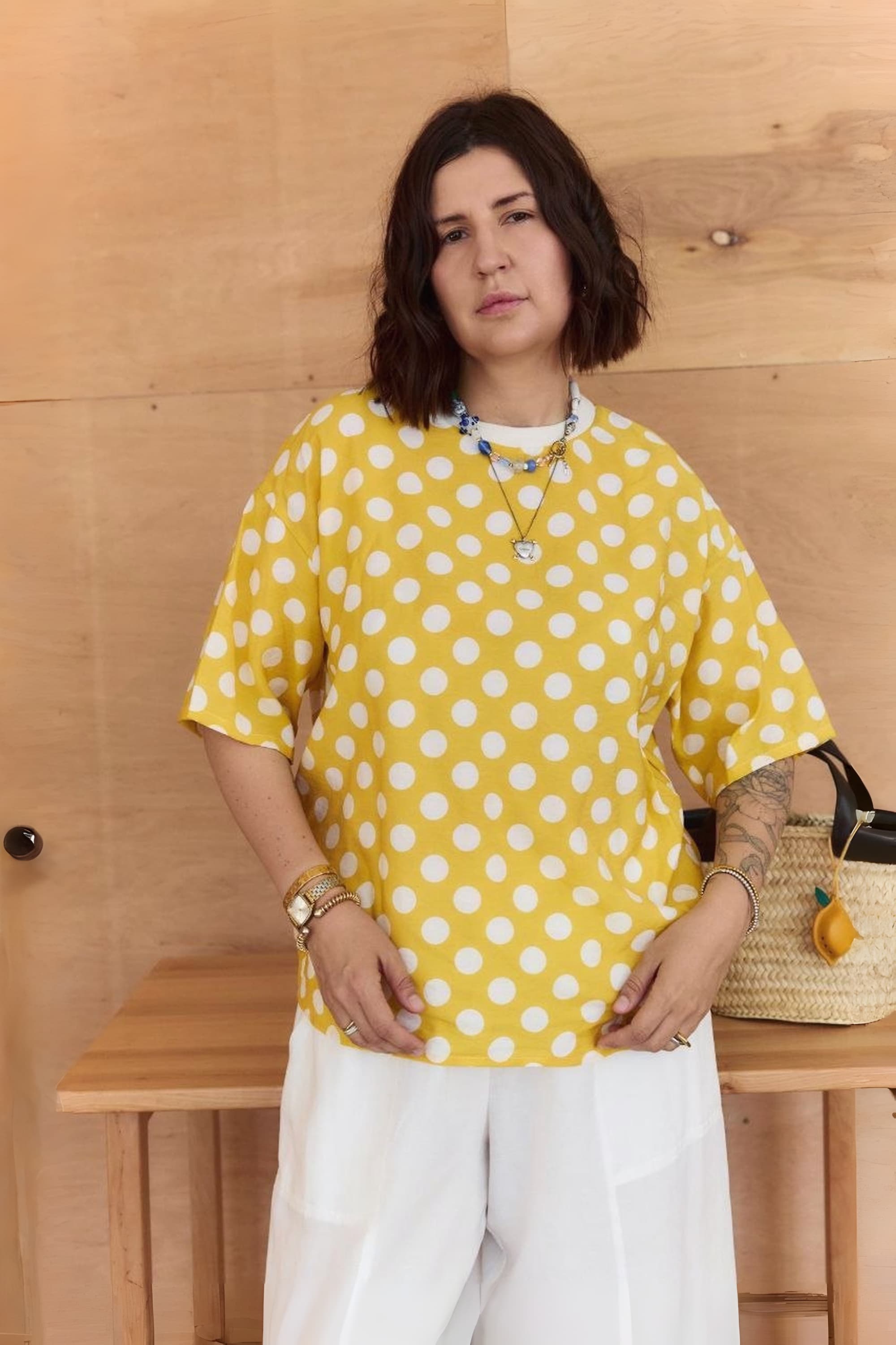 Oversized Crash Tencel T-Shirt / Yellow Polka Dot