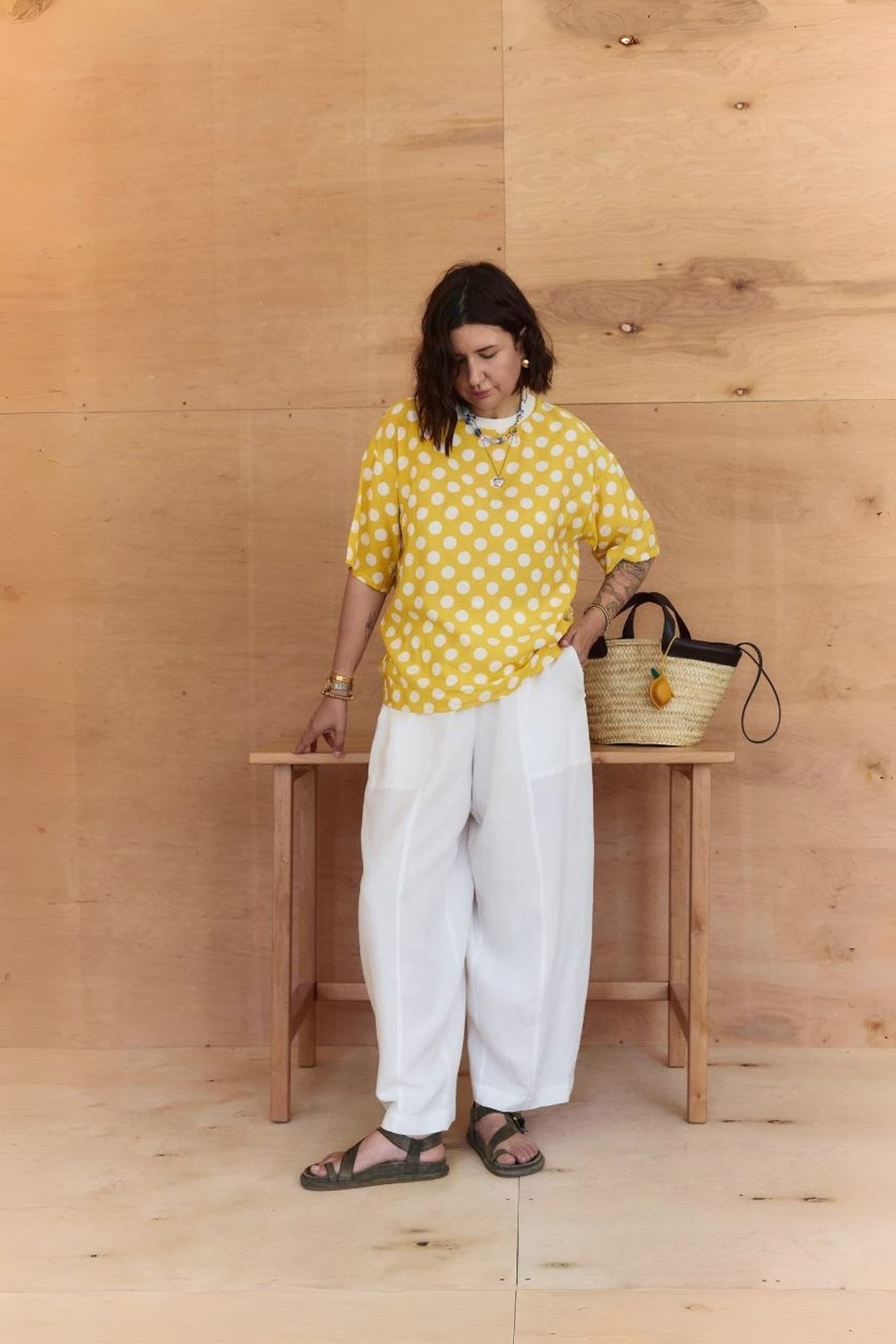 Oversized Crash Tencel T-Shirt / Yellow Polka Dot