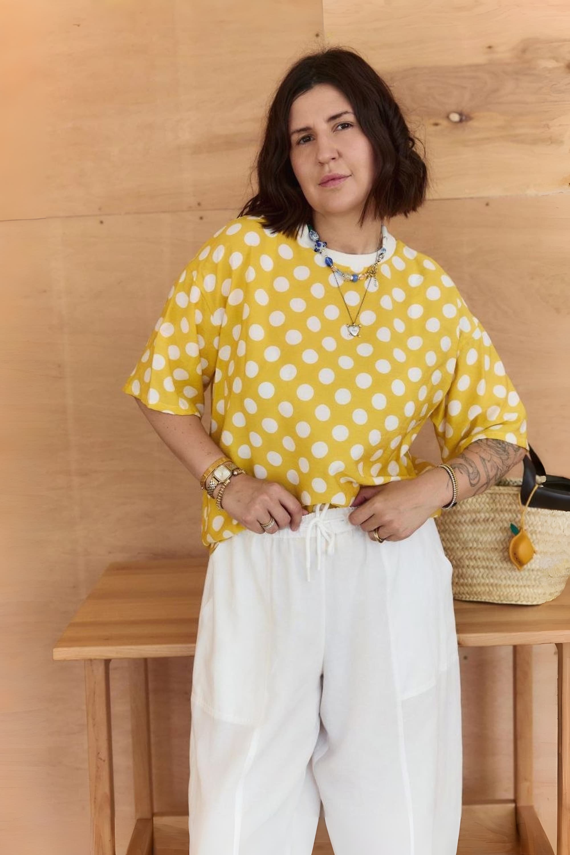 Oversized Crash Tencel T-Shirt / Yellow Polka Dot
