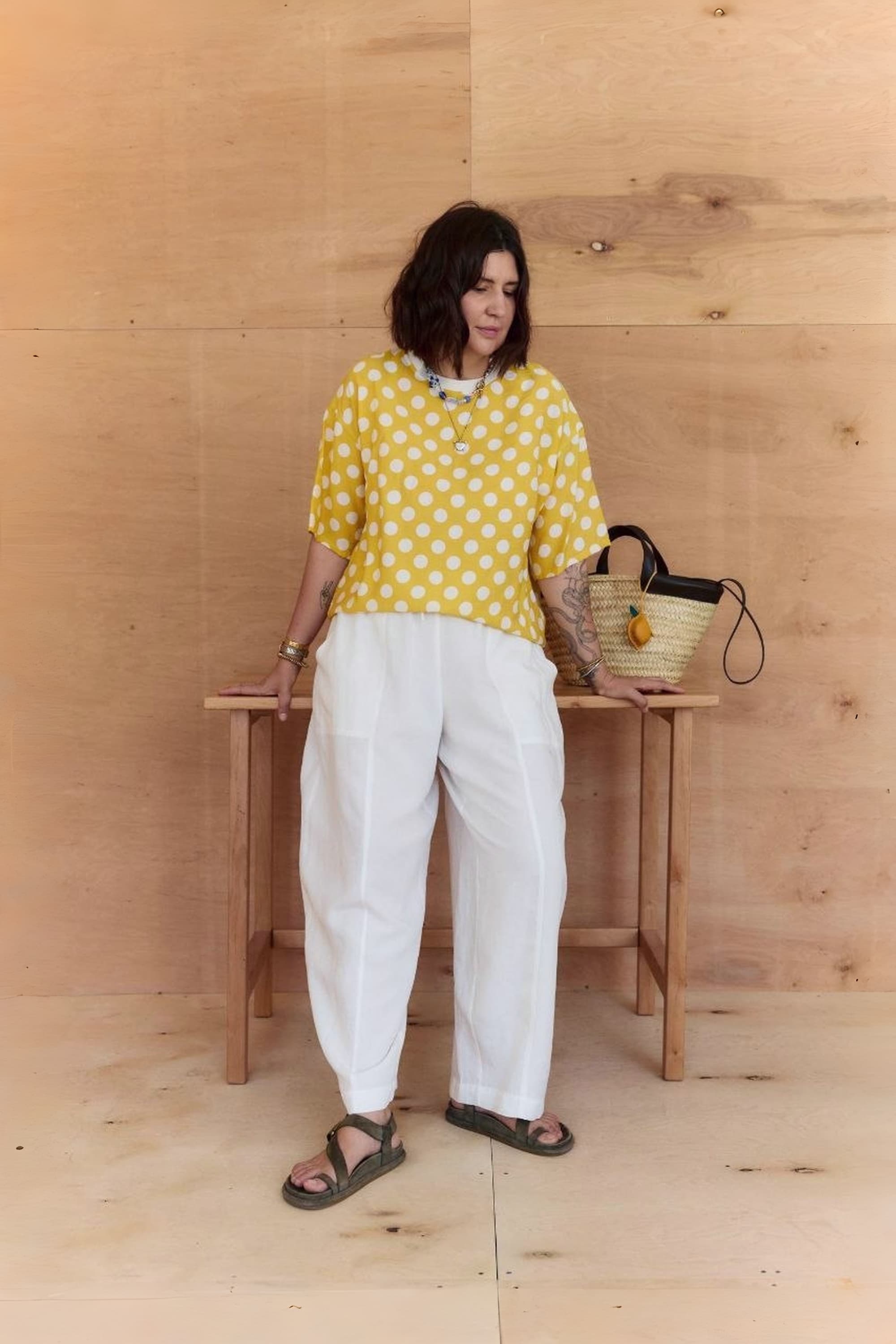 Oversized Crash Tencel T-Shirt / Yellow Polka Dot