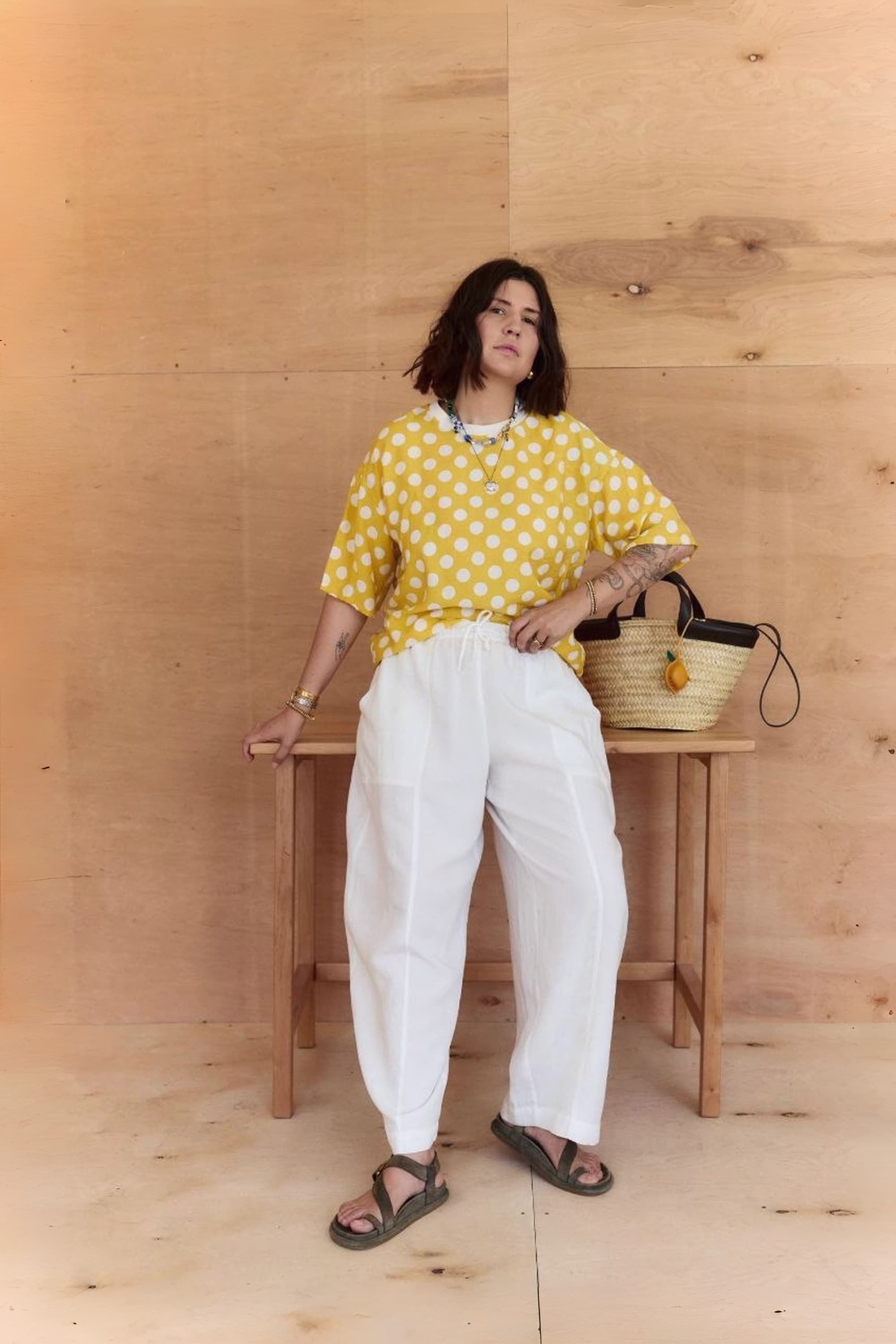 Oversized Crash Tencel T-Shirt / Yellow Polka Dot